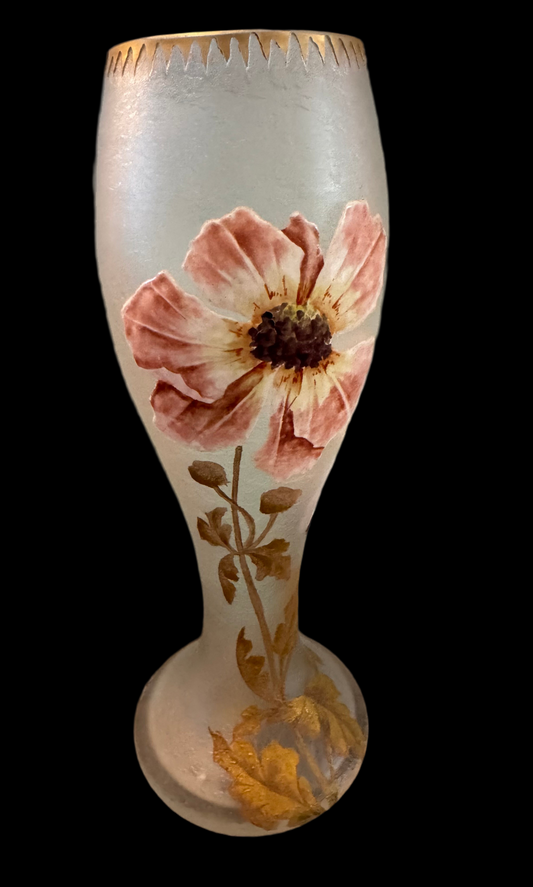 Antique French Montjoye vase enameled flowers,St Denis, Legras, L & Cie, frosted glass and enamel, 10 inch high; ca 1910